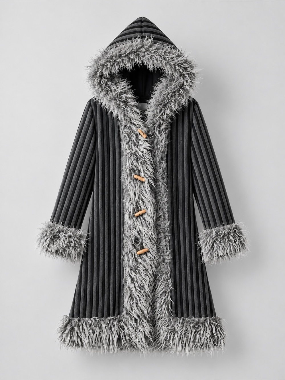 Y2K Paparazzi Made in Japan Grey Corduroy Faux Fur Hooded Penny Lane Coat